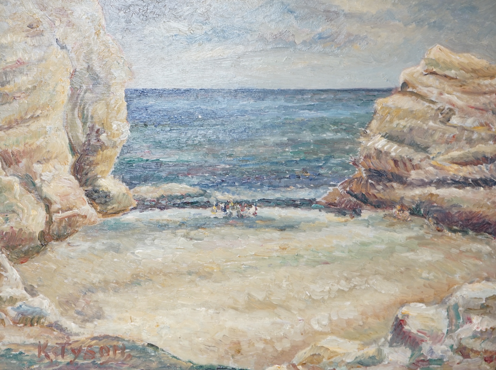 Kathleen Tyson (1898-1982), oil on board, Beach scene with figures, signed, 32 x 42cm. Condition - fair to good